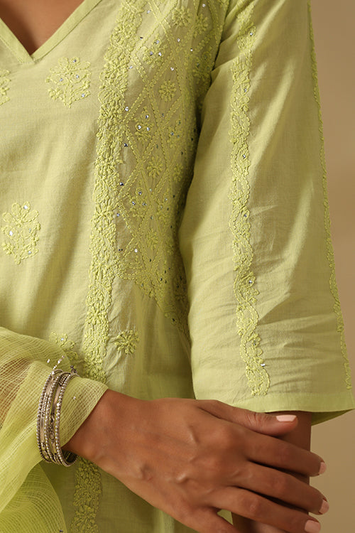 Okhai Ehsaas Chikankari and Mukaish work Pure Cotton Kurta Pant Set with Dupatta - Image 7