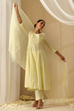 Okhai Iqraar Chikankari and Mukaish work Pure Cotton Kurta Pant Set with Dupatta