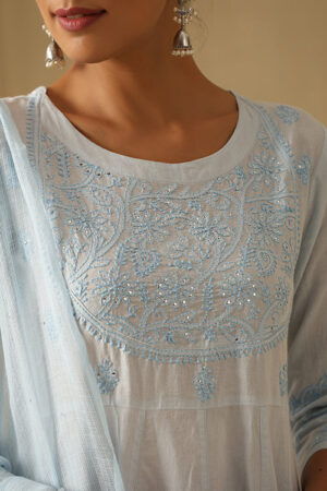 Okhai Nazm Chikankari and Mukaish work Pure Cotton Kurta Pant Set with Dupatta