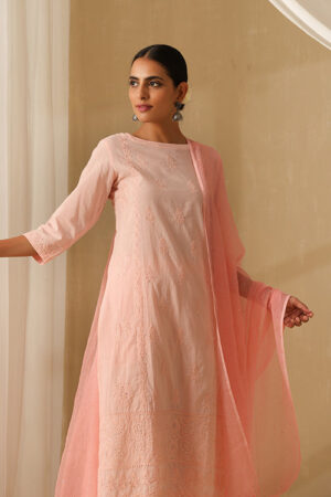 Okhai Parveen Chikankari and Mukaish work Pure Cotton Kurta Pant Set with Dupatta