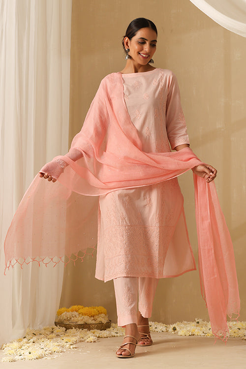 Okhai Parveen Chikankari and Mukaish work Pure Cotton Kurta Pant Set with Dupatta - Image 2