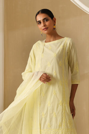 Okhai Sunhaera Chikankari and Mukaish work Pure Cotton Kurta Pant Set with Dupatta