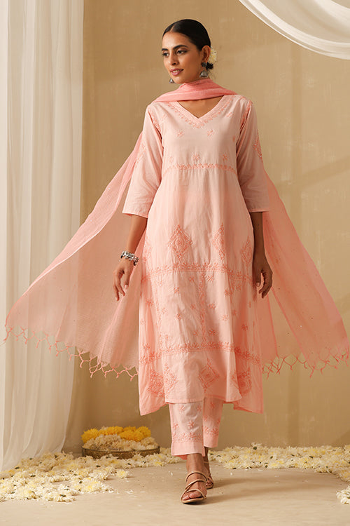 Okhai Dehleez Chikankari and Mukaish work Pure Cotton Kurta Pant Set with Dupatta