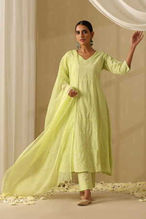 Okhai Muntazir Chikankari and Mukaish work Pure Cotton Kurta Pant Set with Dupatta