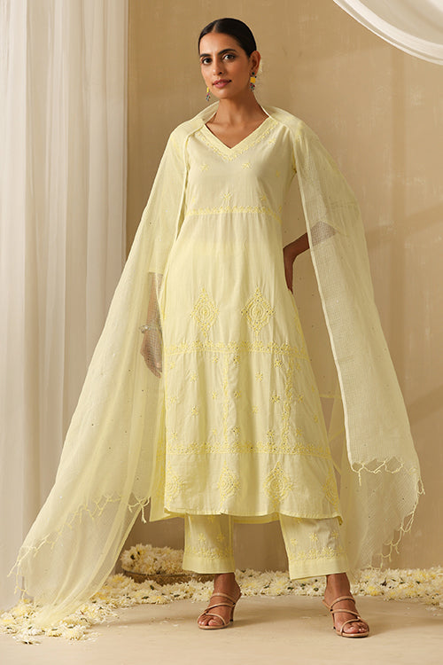 Okhai Qainaat Chikankari and Mukaish work Pure Cotton Kurta Pant Set with Dupatta