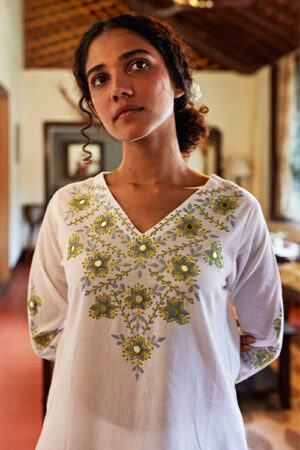 Okhai 'Moonglow' Hand Embroidered Mirror Work Pure Cotton Long Kurta