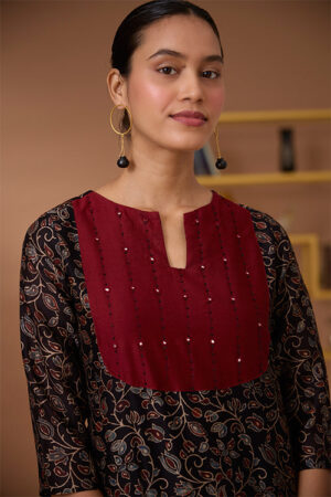 Okhai Starburst Hand Embroidered Mirror and Beadwork Handblock Printed Chanderi Silk Ajrakh Kurta