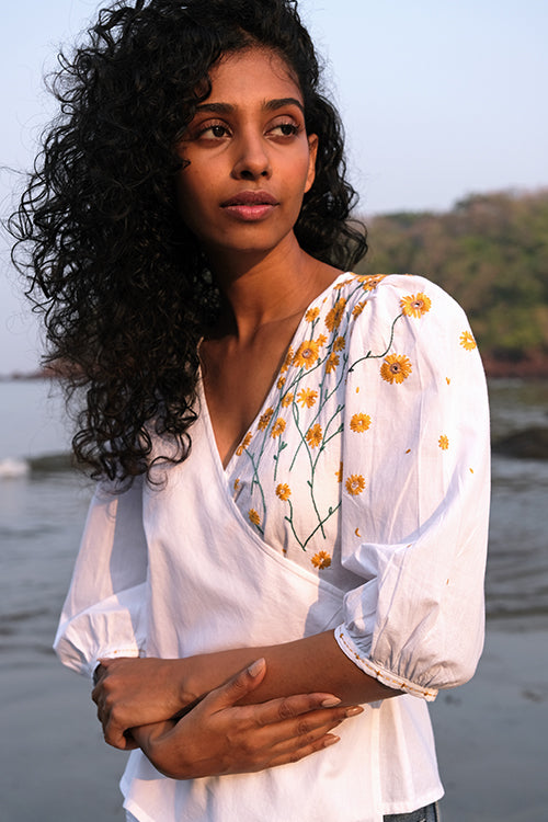 Okhai 'Tuscan Gold' Hand Embroidered Pure Cotton Wrap Top - Image 3