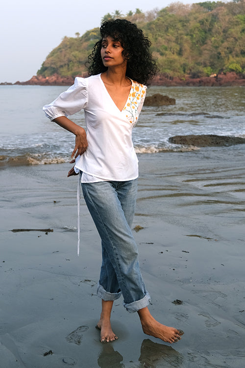 Okhai 'Tuscan Gold' Hand Embroidered Pure Cotton Wrap Top - Image 7