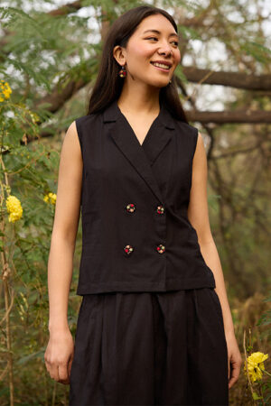 Okhai Nightshade Hand-Embroidered Black Pure Cotton Top