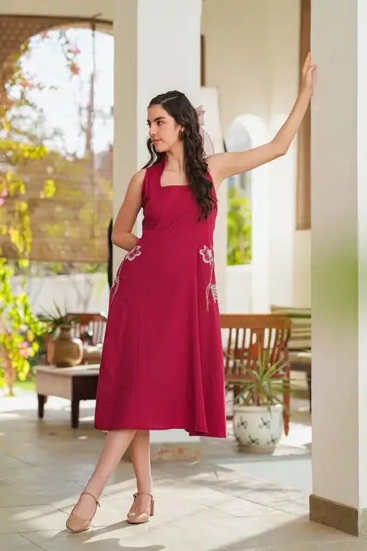 Cherry Red Embroidery Cotton Flex Dress - Image 2