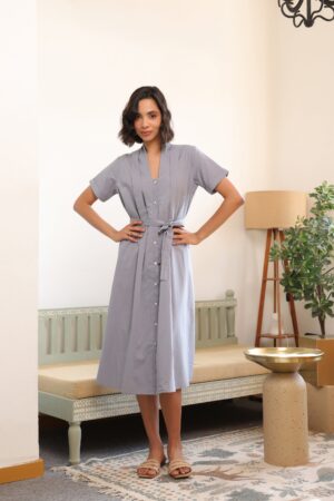 Mist Grey Button-Down Cotton Dress
