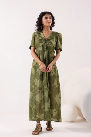 Olive Green Floral Silk Sundress