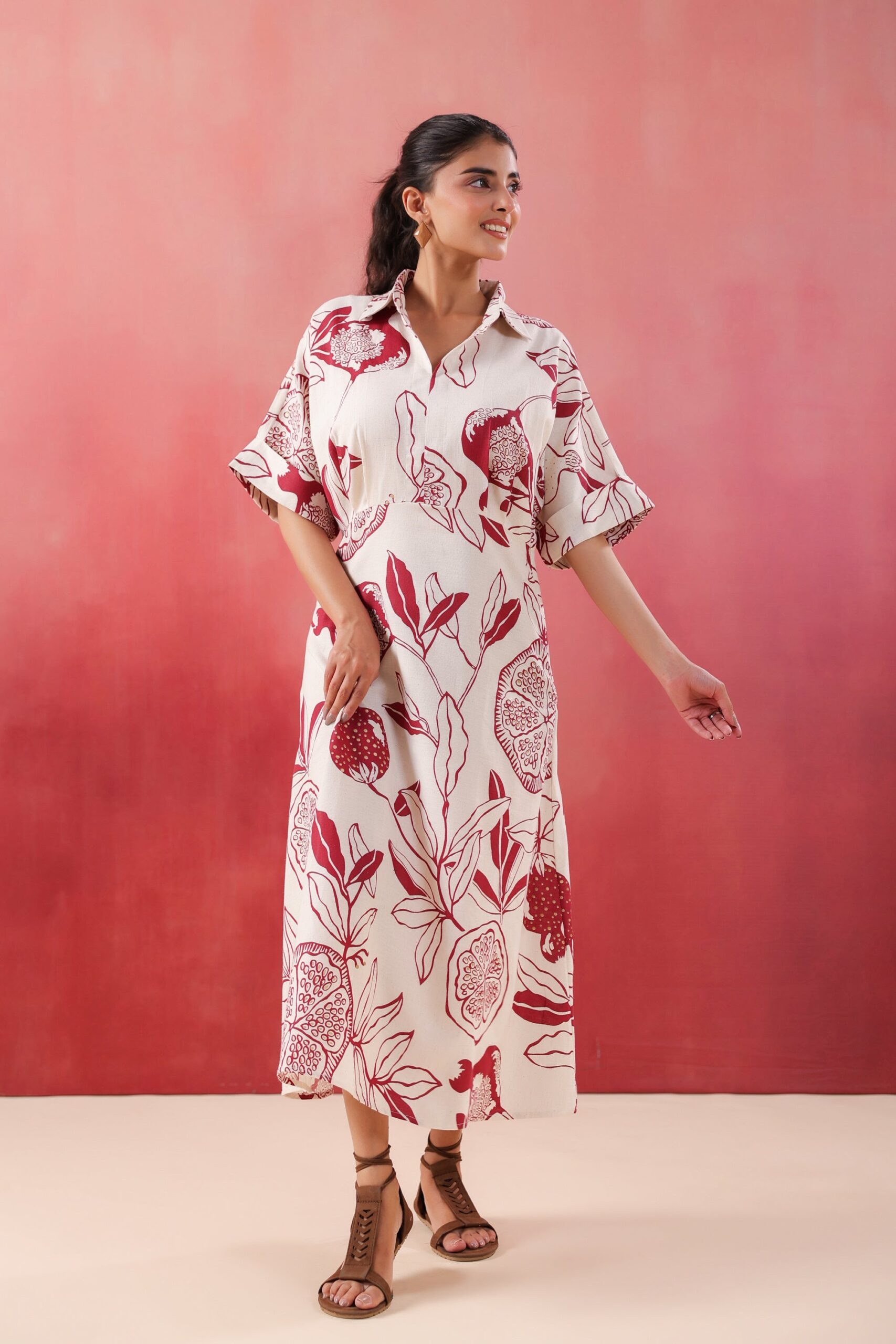 Ivory Pomegranate Printed Maroon Cotton Flex Dress - Image 5