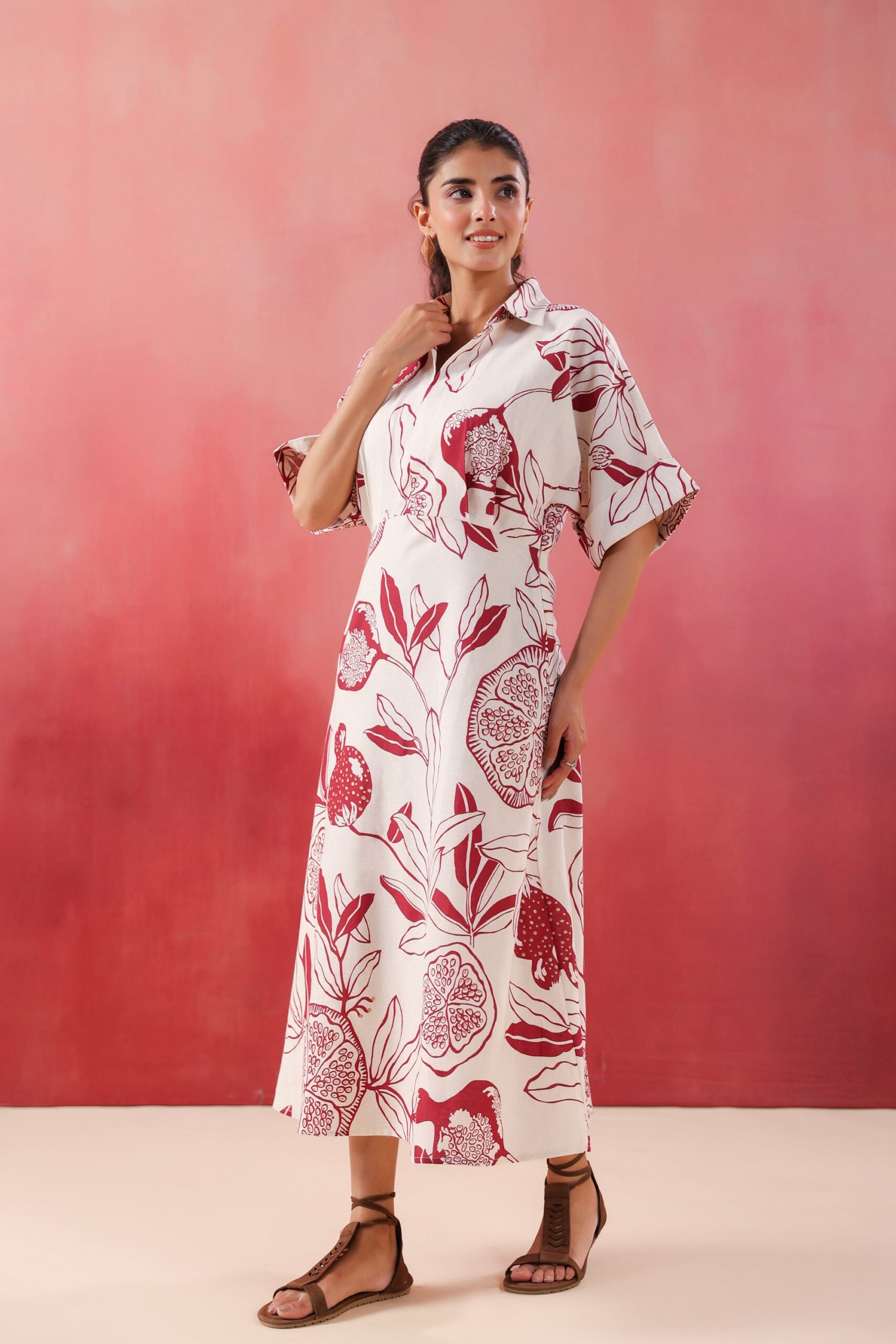 Ivory Pomegranate Printed Maroon Cotton Flex Dress - Image 7