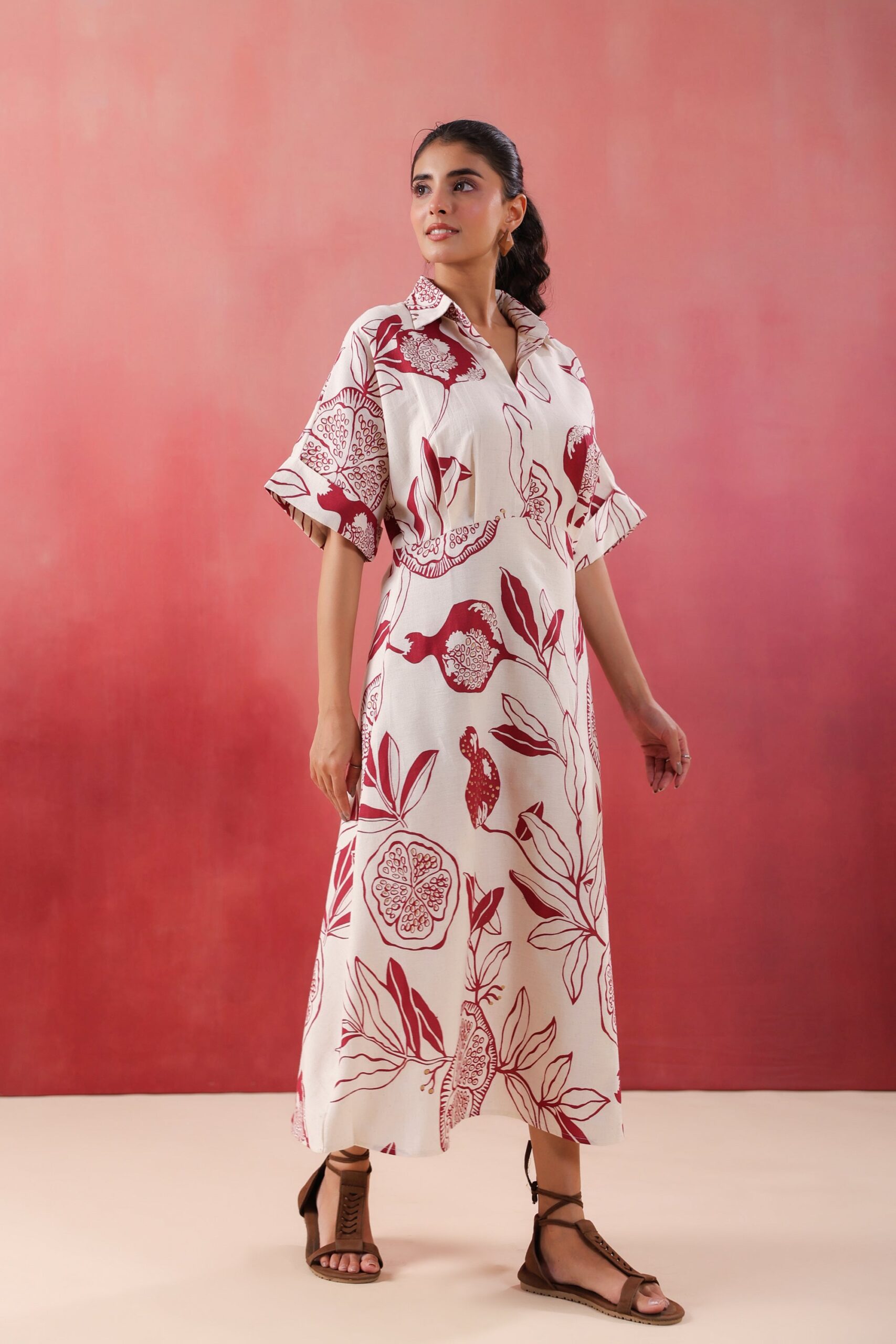 Ivory Pomegranate Printed Maroon Cotton Flex Dress - Image 2