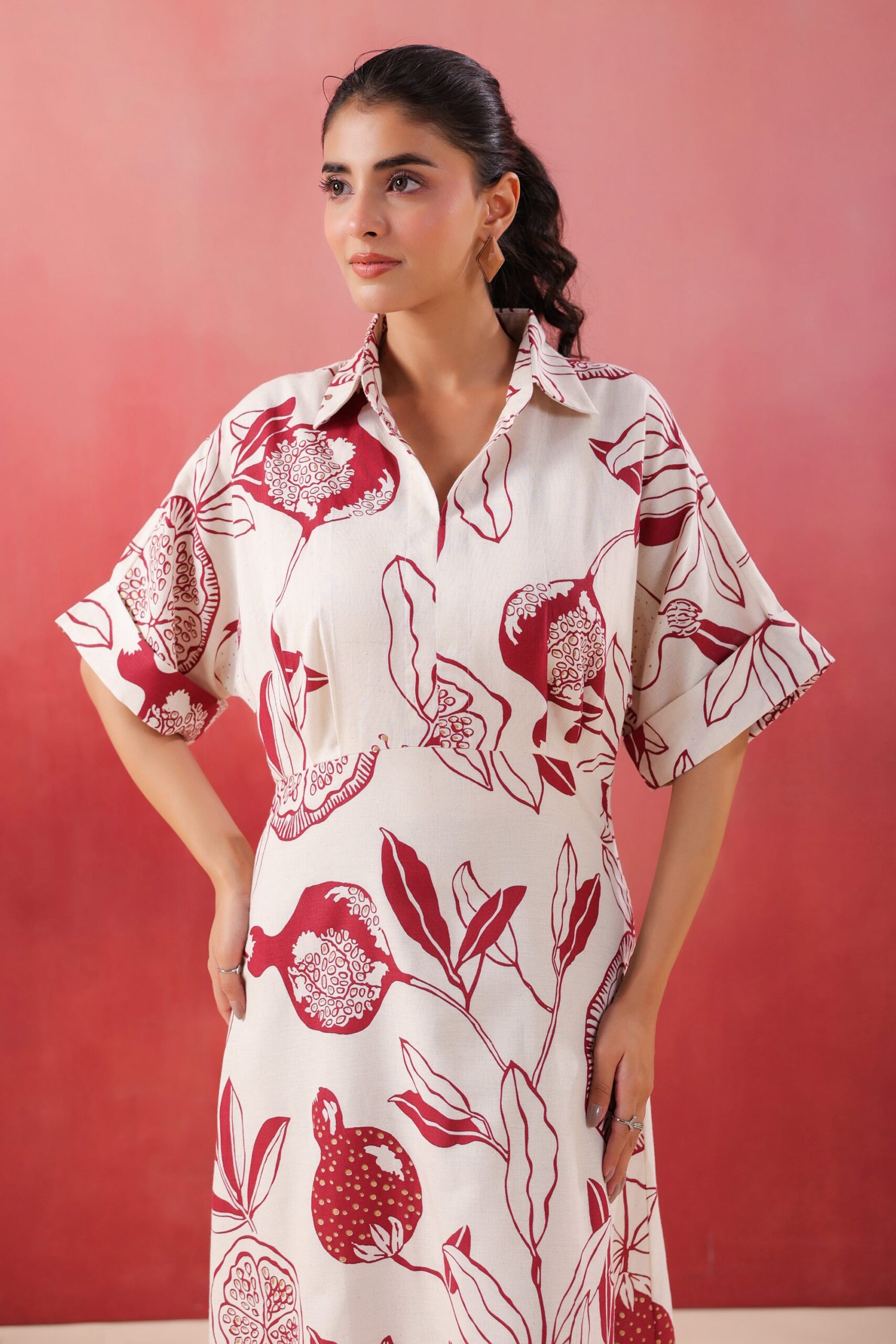 Ivory Pomegranate Printed Maroon Cotton Flex Dress - Image 6