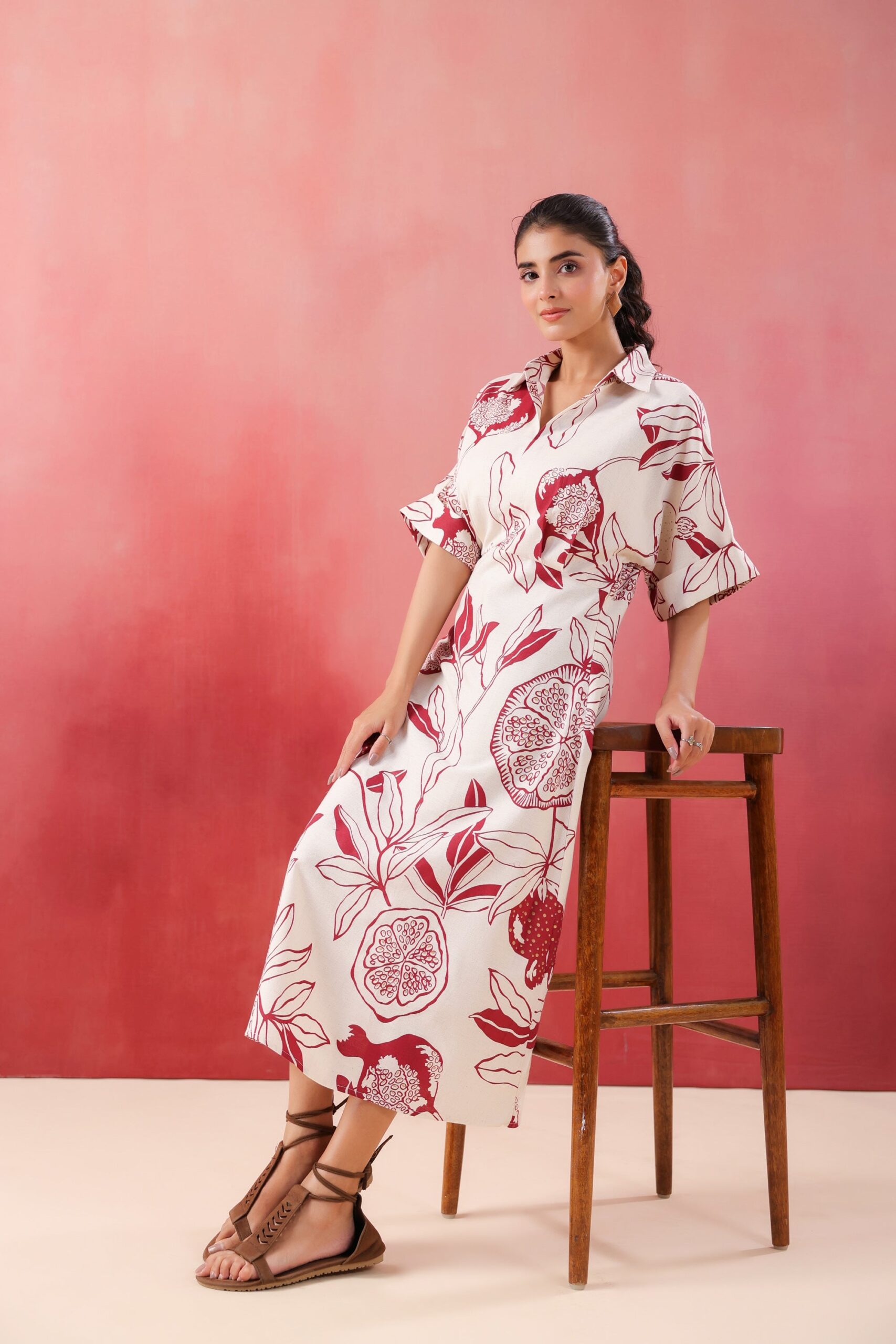 Ivory Pomegranate Printed Maroon Cotton Flex Dress - Image 11