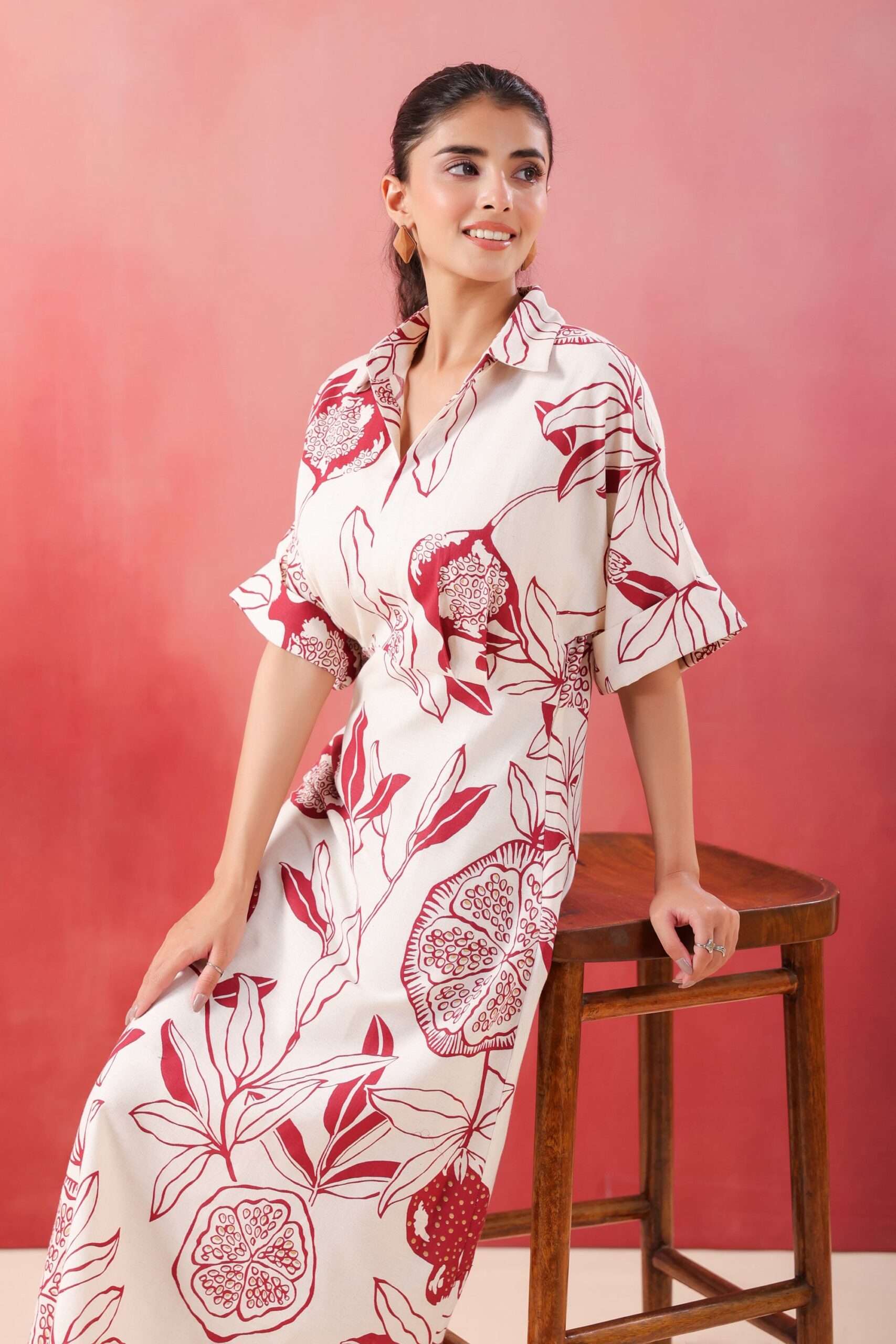 Ivory Pomegranate Printed Maroon Cotton Flex Dress - Image 12