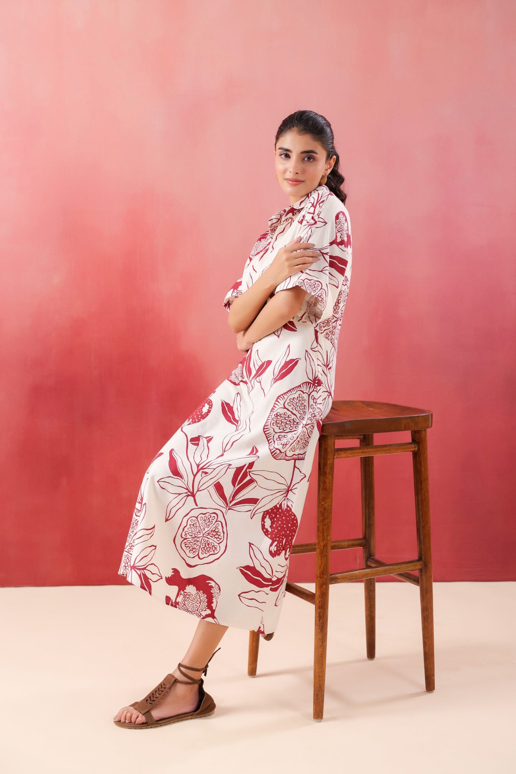 Ivory Pomegranate Printed Maroon Cotton Flex Dress - Image 13